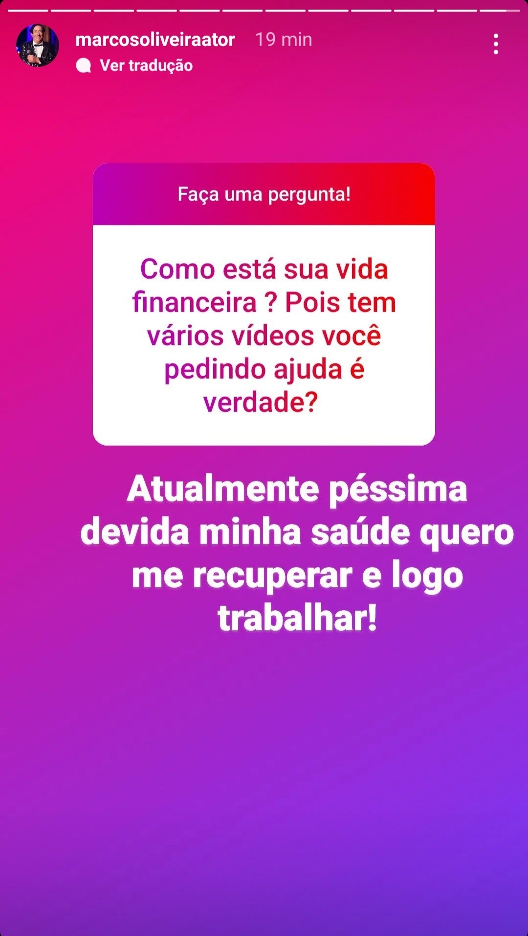 Marcos Oliveira falou sobre situação financeira e desejo de voltar a trabalhar (Foto: Reprodução/Instagram)
