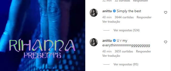 Anitta comemora participação no SavagexFenty Show Vol.4 em post de Rihanna (Foto: Reprodução/Instagram)