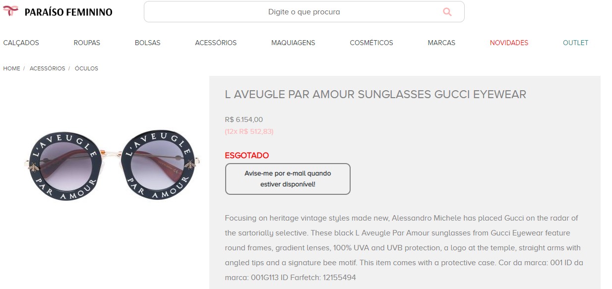 Óculos de sol da coleção L&#39;Aveugle Par Amour, da Gucci (Foto: Reprodução)